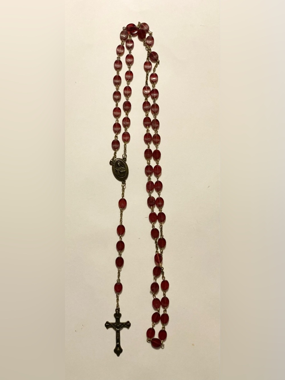 Red Bead Rosary Necklace - Religious Cross Pendant